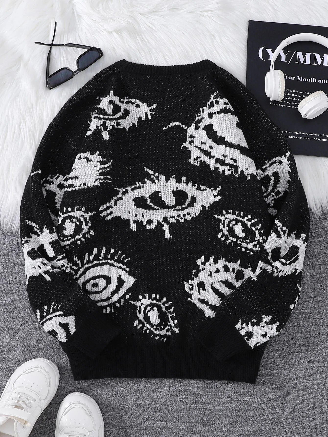 New Popular Abstract Eye Jacquard Pattern Pullover Sweater