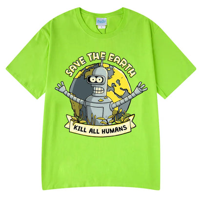 Save The Earth Kill All Humans Funny Robot Oversized Cotton T Shirt
